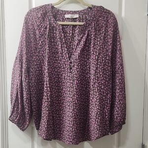 LOFT Pink and Green Floral Blouse Size Large